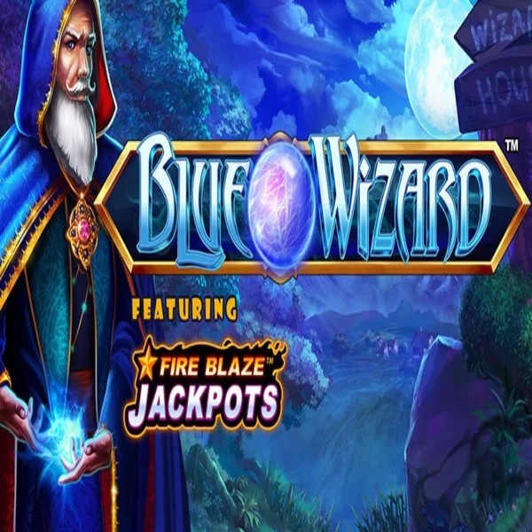 Blue Wizard Fire Blaze Jackpots slot logo by Rarestone Gaming at Rizzio Casino