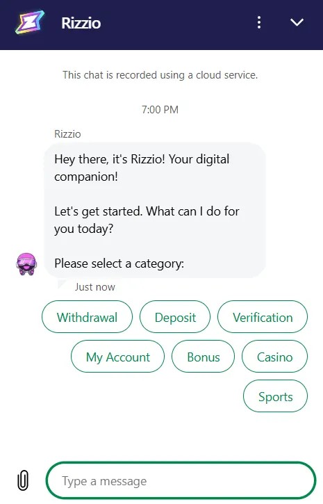 Rizzio Casino UK live chat support with categories for withdrawal, deposit, verification, bonus and account help