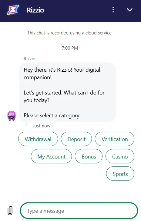 Rizzio Casino UK live chat support with categories for withdrawal, deposit, verification, bonus and account help