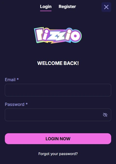 Rizzio Casino UK login form with email and password fields for British players