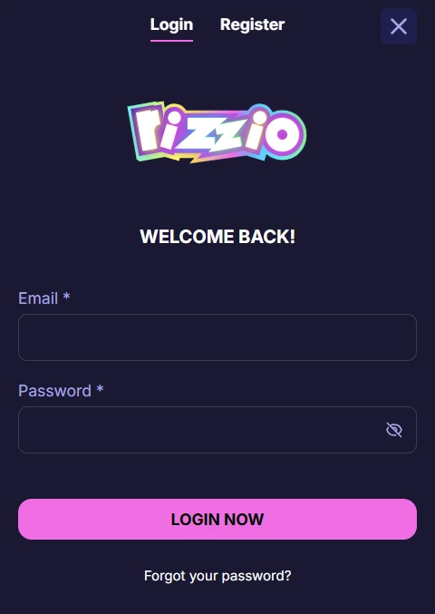 Rizzio Casino UK login form with email and password fields for British players