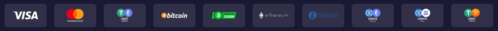 Rizzio Casino UK payment methods including Visa, Mastercard, Bitcoin, Ethereum, Litecoin and USDT