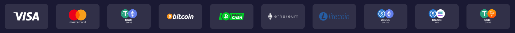 Rizzio Casino UK payment methods including Visa, Mastercard, Bitcoin, Ethereum, Litecoin and USDT