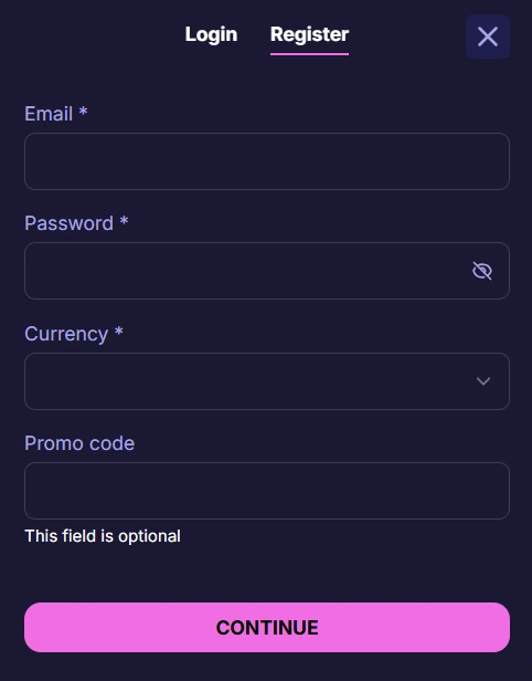 Rizzio Casino UK registration form with email, password, currency selection and promo code option