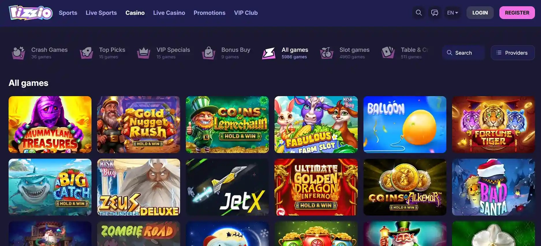 Rizzio Casino UK homepage showing top online slot games and categories for British players