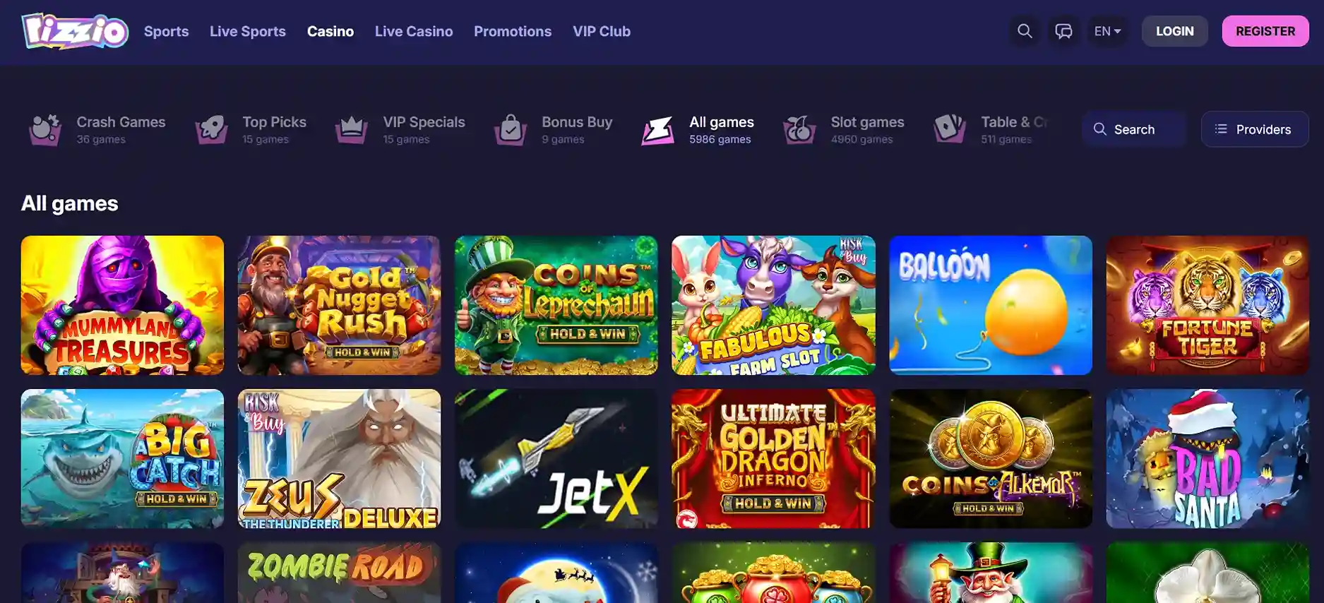 Rizzio Casino UK homepage showing top online slot games and categories for British players